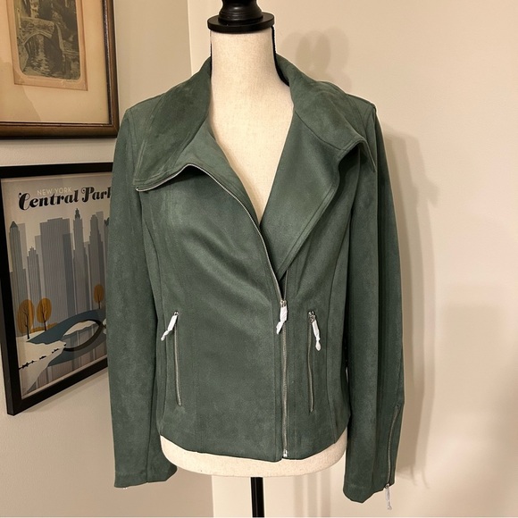 Tahari Green Faux Suede Jacket with Asymmetrical Zipper SZ L - Picture 1 of 4